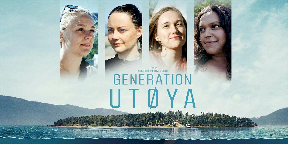 Fire unge kvinner mot en lys blå himmel-bakgrunn. I nederste del av bildet ser man ei grønn, skogkledd øy. Tekst midt på bildet: Generation Utøya. Bildemontasje.  - Klikk for stort bilde